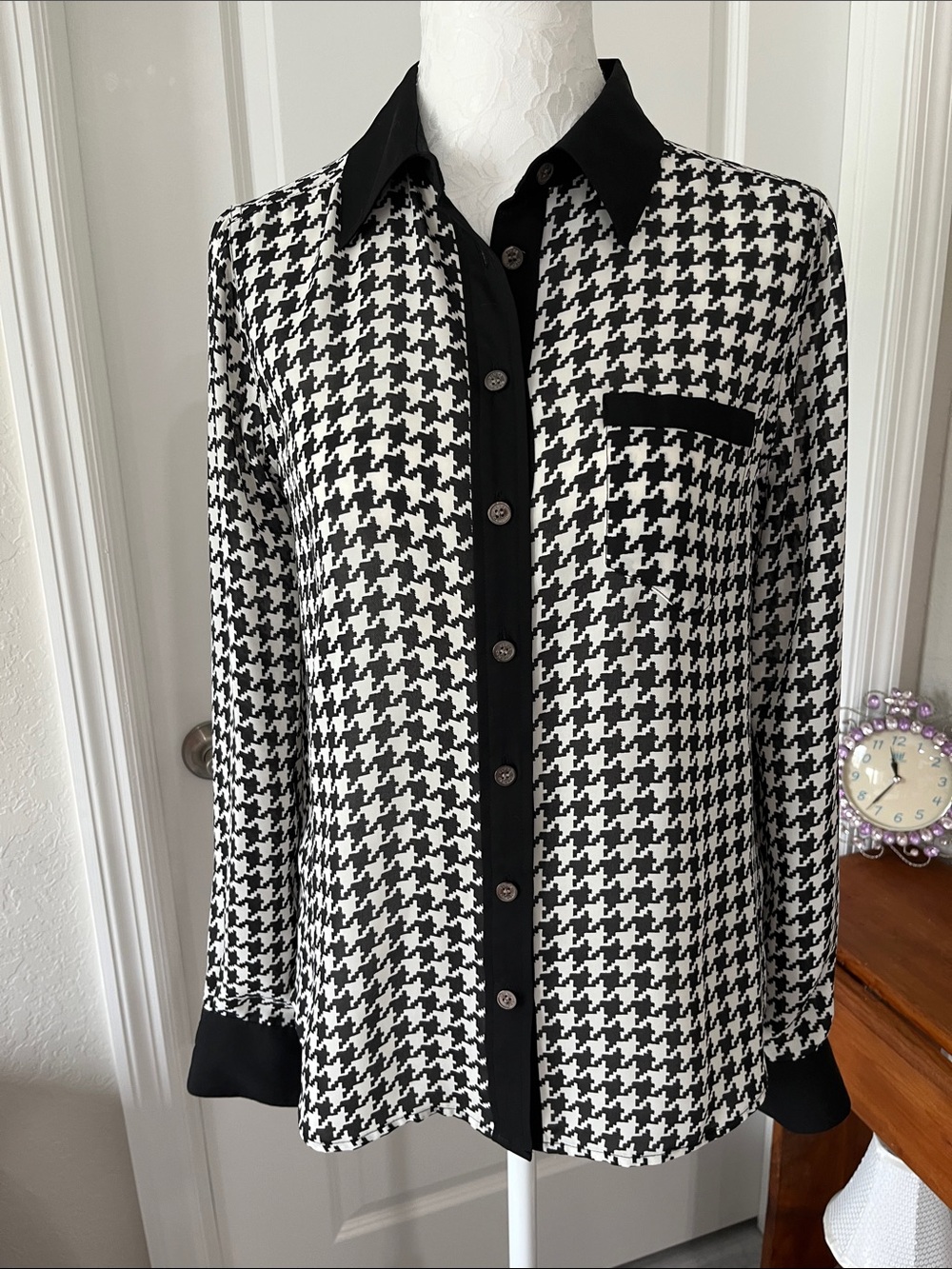 Vince Camuto Black & White Houndstooth Button Up with Black Trim